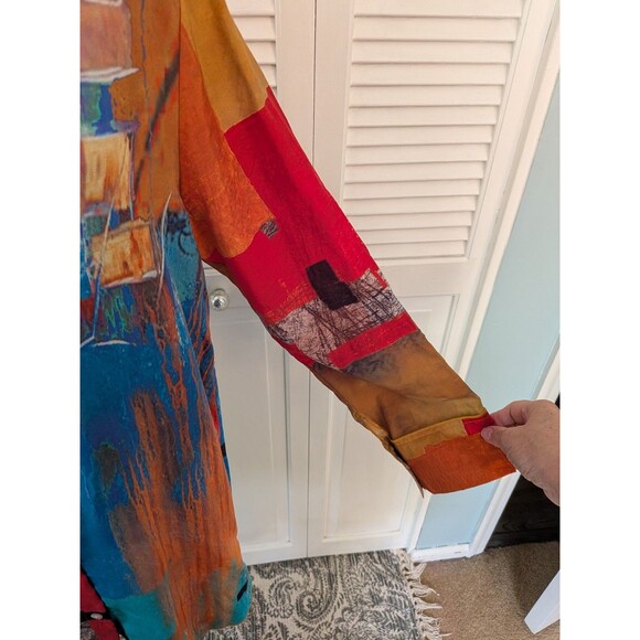 Feratelli Jacket Blouse Womens M Gold Blue Graphic Art to Wear Lagenlook Hi Low - Picture 5 of 13